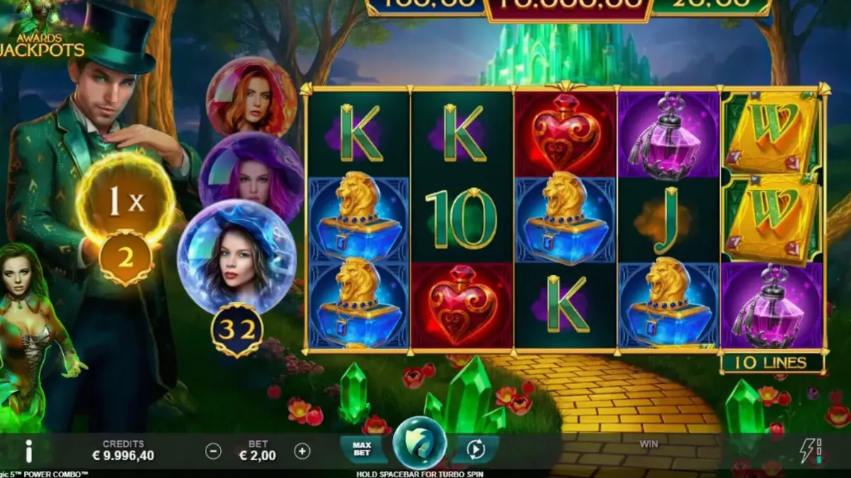 Interface mágica do slot Book of Oz Magic 5 Power Combo com elementos de fantasia
